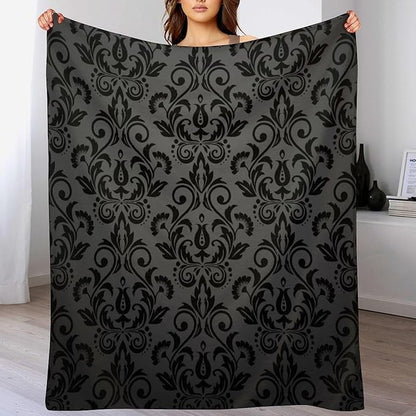 Black Damask Blanket, Antique Victorian Style Gothic Vintage Black Floral Bohemian Exotic Print Blanket for Sofa Bed Decor Fuzzy Blanket Twin, 60"x80"