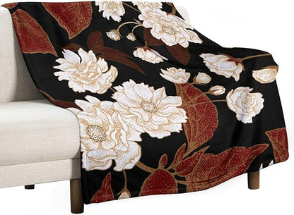 Red Gold Floral Blanket, Boho Dark Flower Leaves Chinese Plum Blossoms Botanical Vintage Throw Blanket for Bed Living Room Bedding Couch Soft Lightweight Warm Cozy Decor, 40"x50"