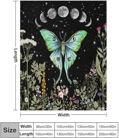 Moth Floral Flannel Blanket, Gothic Witchy Moon Phase Botanical Vintage Wildflower Plantsprint Soft Warm Fuzzy Throw Blanket for Couch Sofa Office Bed, 50"x60"