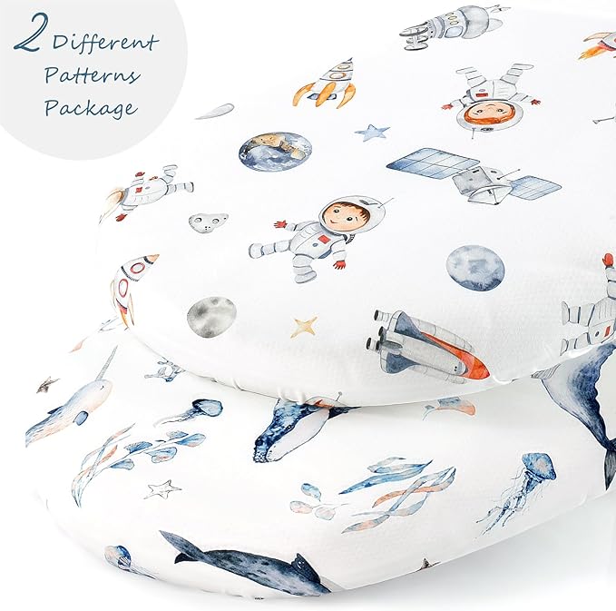 GRSSDER Stretchy Ultra Soft Fitted Bassinet Sheet Set 2 Pack, Universal Fit for Bassinets Baby Cradle Moses Basket Oval Rectangle Mattress Safe and Snug, Sea Fish & Space Stylish Print