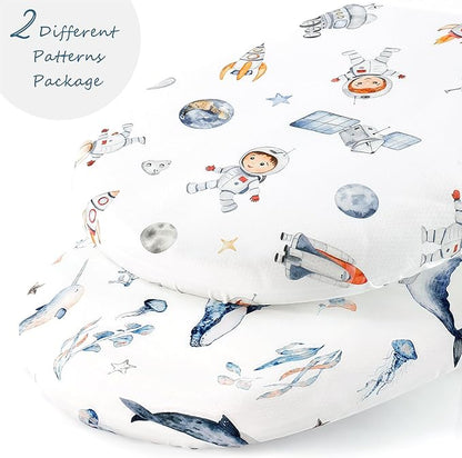 GRSSDER Stretchy Ultra Soft Fitted Bassinet Sheet Set 2 Pack, Universal Fit for Bassinets Baby Cradle Moses Basket Oval Rectangle Mattress Safe and Snug, Sea Fish & Space Stylish Print