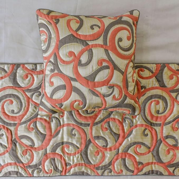 The HomeCentric King/Queen/Twin Orange Luxury Queen 74"x18" Bed Runner with Two Pillow Cover, Scroll, Jacquard & Quilted Bed Scarf on Jacquard Fabric - Scroll Cascade