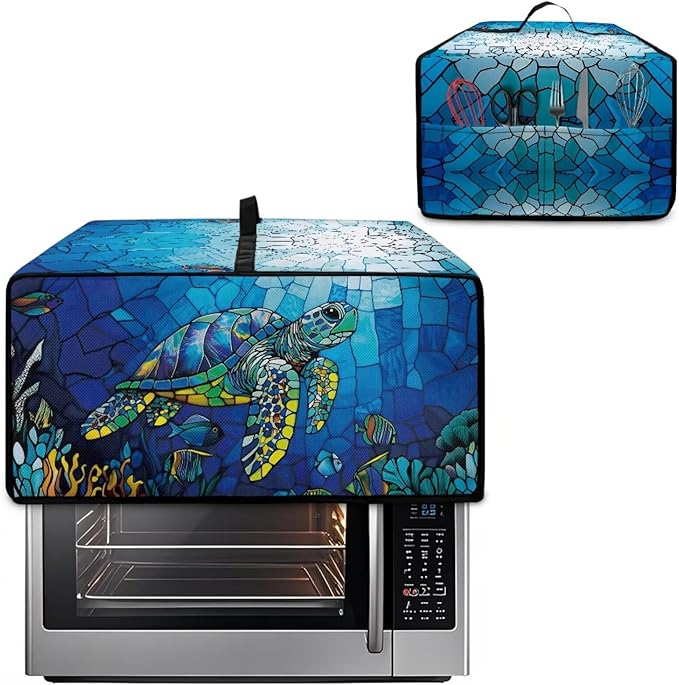 Glass Painting Sea Turtle Print Microwave Oven Cover Dustproof Toaster Oven Cover Large Size Foldable Kitchen Appliance Protector with Storage Bag Machine Washable, M