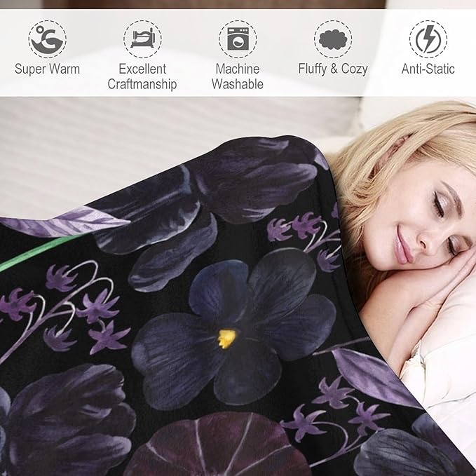 Gothic Floral Blanket, Vintage Abstract Black Purple Peony Flowers Mushroom Print Throw Blanket for Room Bedding Couch Decor Soft Lightweight Warm Cozy, 40"x50"