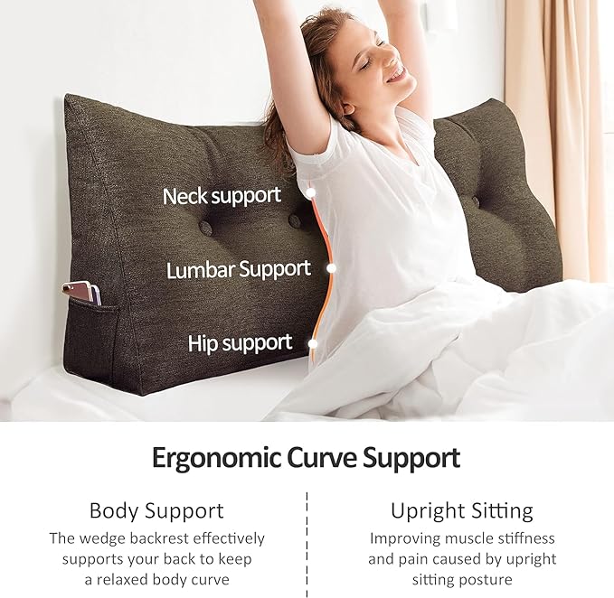 Wedge Headboard Pillow Dorm Room Reading Pillow Back Support for Sitting Up in Bed Bolster Lumbar Cushion Body Positioning Bedrest Cotton Linen 39in Coffee Twin
