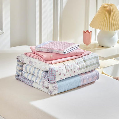 Joyreap 4 Piece Cotton Toddler Bedding Set- Colorful Flowers Patchwork Design, Toddler Comforter Set for Girls, Includes Quilted Comforter, Fitted Sheet, Top Sheet, and Pillow Case