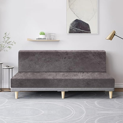 molasofa Leather Like Stretch Futon Slipcover Armless Futon Bed Sofa Cover Furniture Protector with Elastic Bottom, Soft and Washable Futon Cover for Sofa Bed Stay in Place（Larger，Khaki）