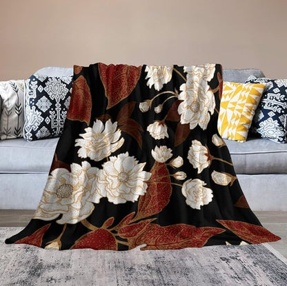Red Gold Floral Blanket, Boho Dark Flower Leaves Chinese Plum Blossoms Botanical Vintage Throw Blanket for Bed Living Room Bedding Couch Soft Lightweight Warm Cozy Decor, 30"x40"