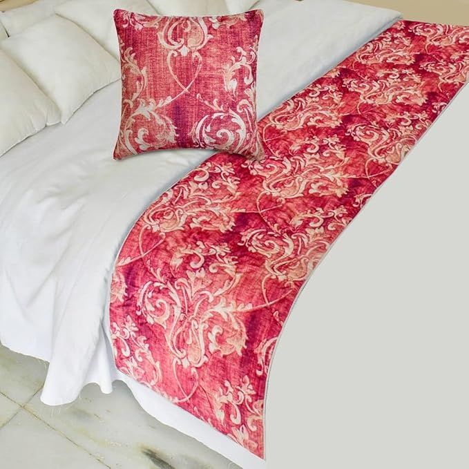 The HomeCentric King/Queen/Twin Pink Decorative Queen 74"x18" Bed Runner with Two Pillow Cover, Damask, Quilted Bed Scarf on Velvet Fabric - Pink Dalliance