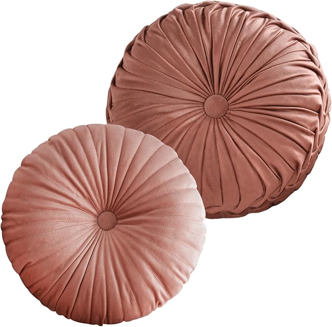 2 Pcs Round Throw Pillows Pleated Velvet Pumpkin Round Pillows Floor Cushion for Living Room Couch Chair Bed Sofa 15.7"x15.7"/13.8" x 13.8" (Blush)