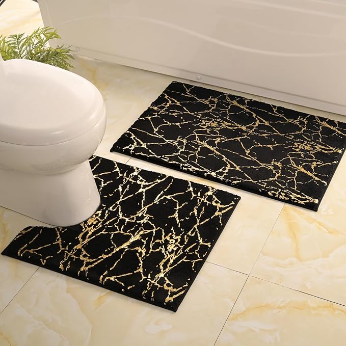 QJHOMO Toilet Rugs U Shaped Black and Gold Bathroom Rugs, Gold Decor Toilet Mat Contour Bath Rug Marble Bathroom Accessories, Extra Thick Carpet Non Slip Floor Mats Machine Washable (20x24 inch)