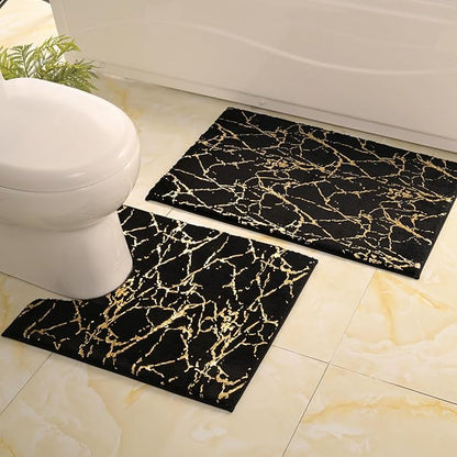 QJHOMO Toilet Rugs U Shaped Black and Gold Bathroom Rugs, Gold Decor Toilet Mat Contour Bath Rug Marble Bathroom Accessories, Extra Thick Carpet Non Slip Floor Mats Machine Washable (20x20 inch)