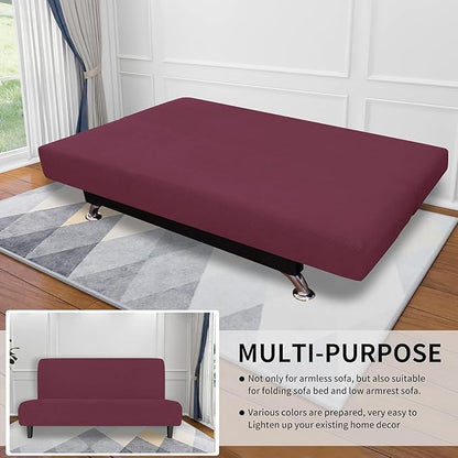 Easy-Going Stretch Futon Slipcover Armless Futon Bed Cover Furniture Protector Without Armrests with Elastic Bottom for Kids, Soft Jacquard Fabric Small Checks (Large, ASH Rose)