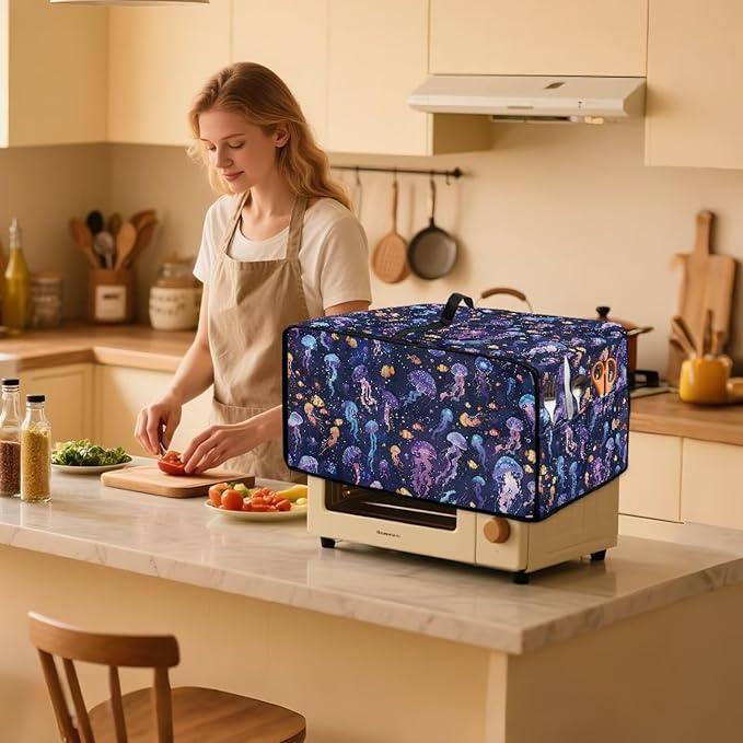 Jellyfish Clownfish Bubble Print Microwave Oven Cover Dust-Proof Fabric Toaster Oven Covers Easy to Clean Foldable Microwave Oven Grill Cover Protector with Top Handle, M