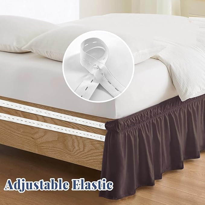 Queen Bed Skirt, Elastic Wrap Around Bed Skirt Queen Size, Bed Skirts for Adjustable Bed, Easy Fit with 14" Drop Length Tailored Drop Dust Ruffle (Brwon)