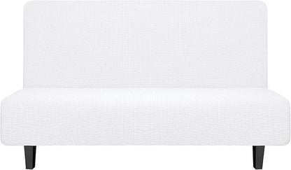 Easy-Going Stretch Futon Slipcover Armless Futon Bed Cover Furniture Protector Without Armrests with Elastic Bottom for Kids, Soft Jacquard Fabric Small Checks (Medium, Snow White)