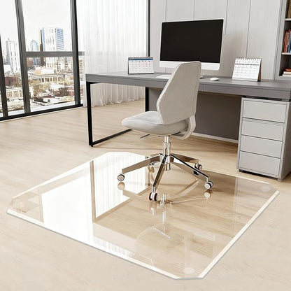 Tempered Glass Chair Mat with Patented Beveled Edge, 46”x55” 1/5" Thick Office Floor Mat for Carpet & Hardwood, w/ 12 Anti-Slip Pads