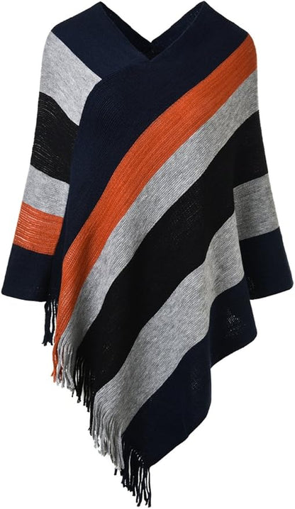 Ferand Women's Striped Poncho Sweater Cozy Knit Fringe Shawl Wraps for Fall Winter