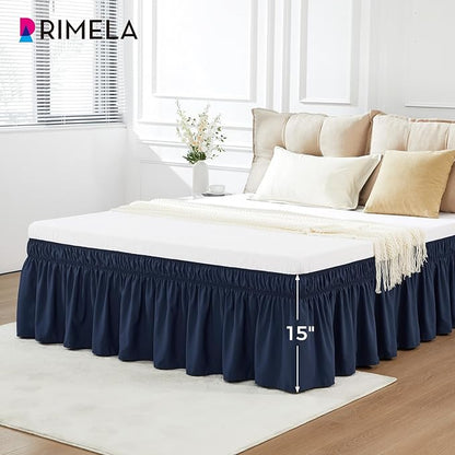 RIMELA Navy Blue Bed Skirt Queen Size 15 Inch Drop, Elastic Bed Skirting for Bed Base and Frame, Bedding Dust Ruffle Easy to Install, Lightweight Wrap Around Adjustable Bedskirt