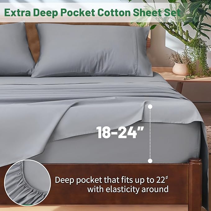 Extra Deep Pocket Queen Sheets 18-24 Inch 100% Egyptian Cotton 1000 Thread Count Sateen Weave Soft Breathable 4 Pieces（Queen,Grey）