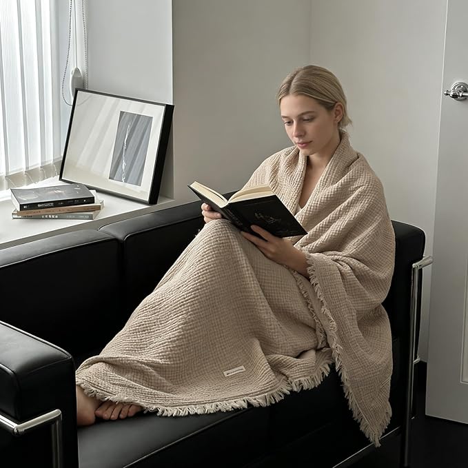 MorroMorn 100% Cotton Muslin Throw Blanket with Fringes 50"x60", 4-Layer Gauze Blankets for Adults, Boho Bedding Breathable Lightweight Ultra-Soft Farmhouse Decor for Couch Bed All Seasons, Khaki