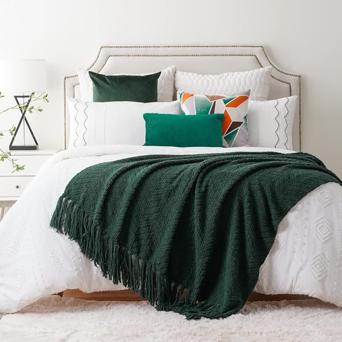 BATTILO HOME Forest Green Throw Blanket Couch,Knit Christmas Throw Blanket Versatile Chair,Super Soft Warm Christmas Decor Throw Tassels Bed,Sofa and Living Room,50'' x 60''