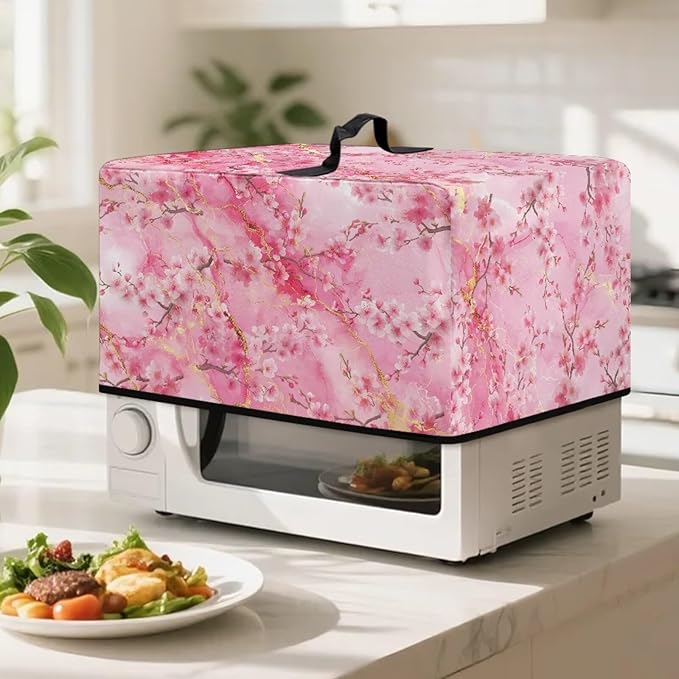 Microwave Oven Cover, Marble Flower Dustproof Machine Protector Decorative Kitchen Appliance Cover Waterproof Polyester Fabric for Most Countertop Microwaves Easy to Clean