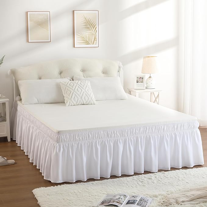 RIMELA White Bed Skirt Queen Size 15 Inch Drop, Elastic Bed Skirting for Bed Base and Frame, Bedding Dust Ruffle Easy to Install, Wrap Around Adjustable Bedskirt