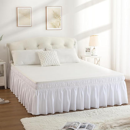 RIMELA White Bed Skirt Queen Size 15 Inch Drop, Elastic Bed Skirting for Bed Base and Frame, Bedding Dust Ruffle Easy to Install, Wrap Around Adjustable Bedskirt