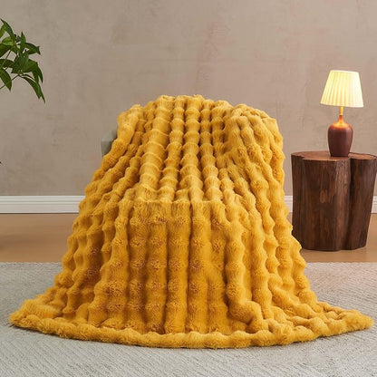 Lotus Karen Faux Fur Throw Blanket Ginger Yellow - Big Bubble Rabbit Fluff Blanket for Couch Bed Sofa,Softest Fluffy Fuzzy Cozy Blanket,Thick Furry Plush Shaggy Warm Blankets for Women,108x90 Inches
