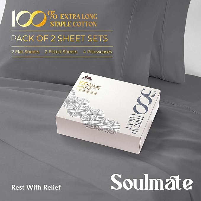 Mayfair Linen 100% Egyptian Cotton 2 Pack Full Sheet Set - Luxury 500 Thread Count Cotton Sheets Full Size (8 PC, Dark Grey), Soft, Cooling, Sateen Weave, 16" Deep Pocket Hotel Quality Bed Sheet Set