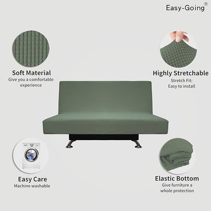 Easy-Going Stretch Futon Slipcover Armless Futon Bed Cover Furniture Protector Without Armrests with Elastic Bottom for Kids, Soft Jacquard Fabric Small Checks (Medium, Greyish Green)