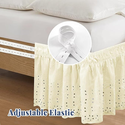Full Bed Skirt, Wrap-Around Elastic Ruffled Eyelet Bed Skirt Full Size Dust Ruffle with Gathered Styling and Embroidered Details, 14" Drop Length (Light Yellow)