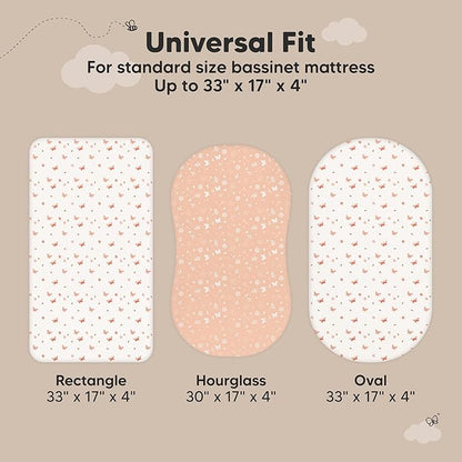 2-pk Waterproof Bassinet Sheets Girls, Boys, Cotton - 33x17 Universal Bassinet Mattress Pad Protector Cover, Compatible with Graco,Baby Delight,Chicco,Halo Bassinest Swivel Sleeper Fitted(Butterflies)