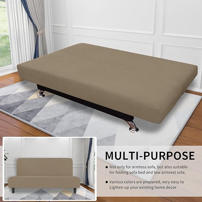 Easy-Going Stretch Futon Slipcover Armless Futon Bed Cover Furniture Protector Without Armrests with Elastic Bottom for Kids, Soft Jacquard Fabric Small Checks (Large, Natural)