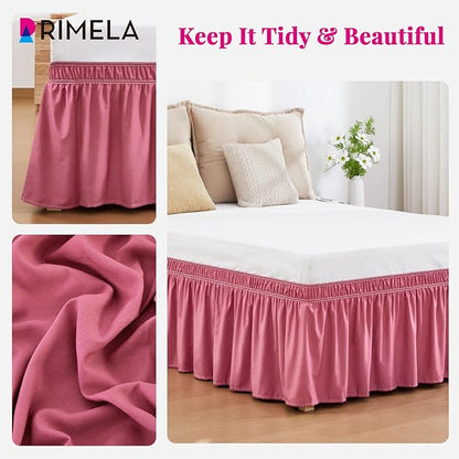 RIMELA Dusty Red Bed Skirt King Size 15 Inch Drop, Wrap Around Elastic Bedskirt, Dust Ruffle for Adjustable Bed Base Machine Washable Easy to Install Bed Skirts
