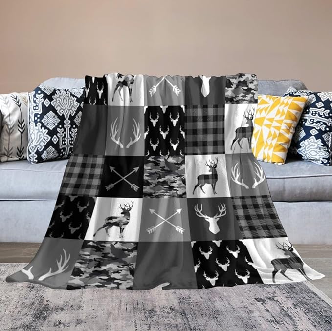 Rustic Cabin Throw Blanket, Farmhouse Grey Camouflage Deer Vintage Country Hunting Wildlife Blanket Throw for Bed Camping Travel Living Room Bedroom, 60"x80"