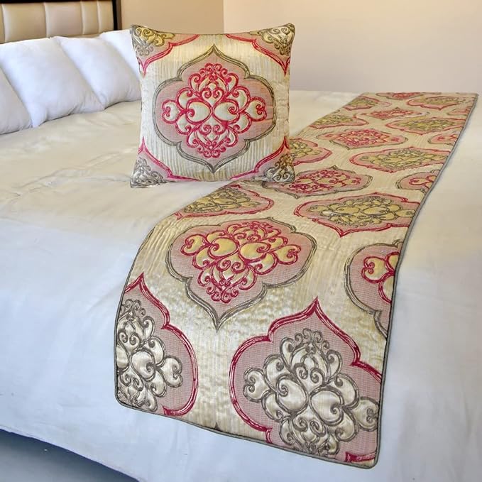 The HomeCentric King/Queen/Twin Pink Designer King 90"x18" Bed Runner with 2 Pillow Cover, Quilted & Damask Bed Scarf on Silk Fabric - Emre
