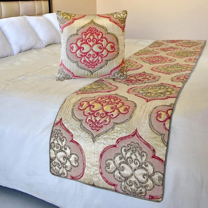 The HomeCentric King/Queen/Twin Pink Decorative Full 68"x18" Bed Runner with 2 Pillow Cover, Quilted & Damask Bed Scarf on Silk Fabric - Emre