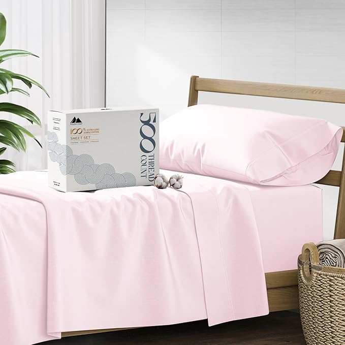 Mayfair Linen 500 Thread Count Twin XL Cotton Sheets - 3 PC Twin XL Size Bed Sheet Set Cotton (Blush), Soft, Cooling, Sateen Hotel-Quality 16" Deep Pocket Bedsheet for Hot Sleepers (Fits 18" Mattress)