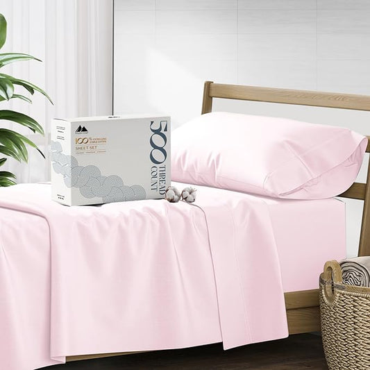 Mayfair Linen 500 Thread Count Twin XL Cotton Sheets - 3 PC Twin XL Size Bed Sheet Set Cotton (Blush), Soft, Cooling, Sateen Hotel-Quality 16" Deep Pocket Bedsheet for Hot Sleepers (Fits 18" Mattress)