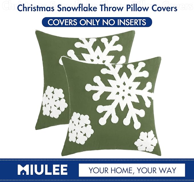 MIULEE Pack of 2 Christmas Decorative Snowflake Throw Pillow Covers Canvas Embroidery Winter Cushion Cases Holiday Decor Soft Pillowcases for Winter Couch Sofa Bedroom Car（Army Green, 20x20in）