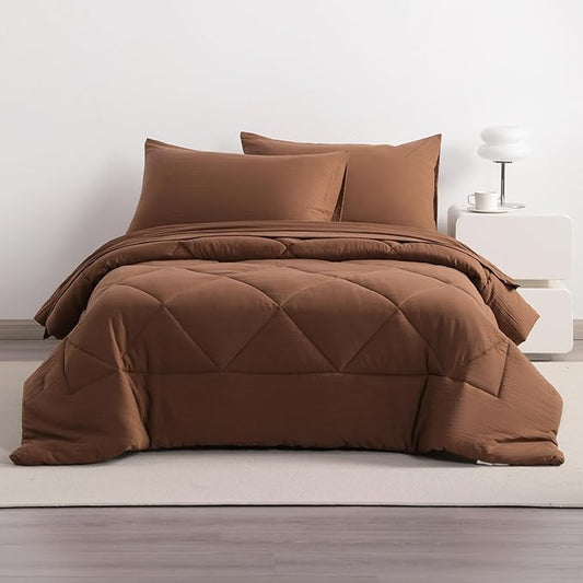 5-Piece Twin Comforter Set with Sheets – Soft and Breathable All-Season Twin Bed in a Bag, Down Alternative Comforter Set for Kids or Teens, Coffee