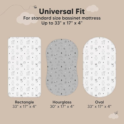 2-pk Waterproof Bassinet Sheets Girls, Boys, Cotton - 33x17 Universal Bassinet Mattress Pad Protector Cover, Compatible with Graco,Baby Delight,Chicco,Halo Bassinest Swivel Sleeper Fitted (Woodland)