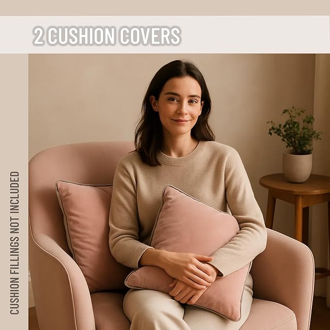2 Pack Velvet Decorative Throw Pillow Covers, 18"x18", Pink and Grey, Solid, Modern, Contrast Piping, Indoor Use, Bedroom & Living Room