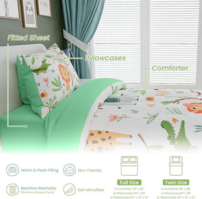 Jungle Animal Kids Bedding Set for Boys Girls, Ultra Soft Microfiber Comforter Set Full Size 4-Pieces, Comforters Bed Sets for Kid Tween Teen Bedroom Decor