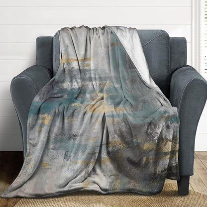 Fashion Gradient Blanket, Modern Art Baroque Gold Grey Green Painting Strokes Pattern Soft Warm Cozy Plush Flannel Covers for Livingroom Bedroom Couch Chair Camping Travel Home Decor Tapestry 60x80in