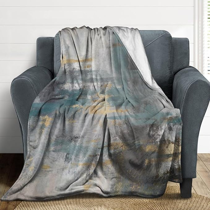 Fashion Gradient Blanket, Modern Art Baroque Gold Grey Green Painting Strokes Pattern Soft Warm Cozy Plush Flannel Covers for Livingroom Bedroom Couch Chair Camping Travel Home Decor Tapestry 30x40in
