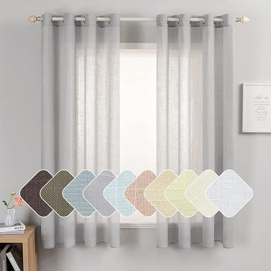 MIULEE Natural Linen Semi Sheer Window Curtains - Elegant Solid Light Grey Drapes Grommet Top Voile Panels for Bedroom Living Room (52X63 Inch)
