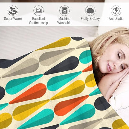 Mid Century Throw Blanket, Modern Drop Shape Retro Colors Boho Orange Teal Black Geometric Pattern Throws Blankets for aby Toddler Dog Cat 50"x60"